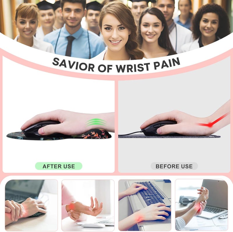 JIKIOU Mouse Pad, 2 Pack Ergonomic Mouse Pads with Comfortable Gel Wrist Rest Support and Smooth Cloth, Non-Slip PU Base for Easy Typing Pain Relief Durable and Easy to Clean Small Black Flowers - Image 3