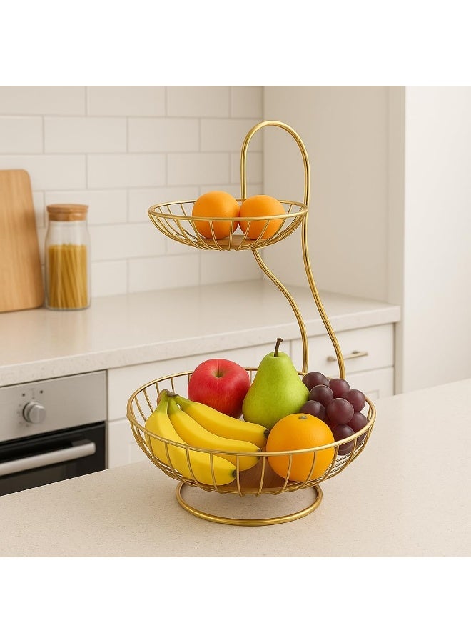BS B&S 2 Tier Gold Wire Fruit Basket Stand for Kitchen Counter Metal Fruit Bowl Holder with Handle, Decorative Space-Saving Organizer for Fruits - Image 1