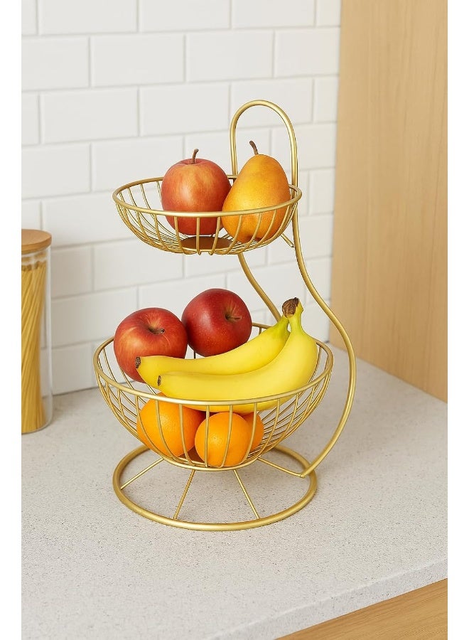 BS B&S 2 Tier Gold Wire Fruit Basket Stand for Kitchen Counter Metal Fruit Bowl Holder with Handle, Decorative Space-Saving Organizer for Fruits - Image 5