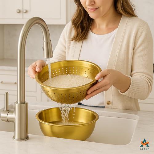 Alark Stainless Steel Kitchen Drain Bowl Fine Mesh Strainer Utensil Round Mixing Colander and Microporous Colanders with Washing Vegetables Fruit, Rice Drainer Basket for Draining Cooked Pasta Golden - Image 4