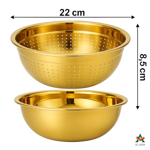 Alark Stainless Steel Kitchen Drain Bowl Fine Mesh Strainer Utensil Round Mixing Colander and Microporous Colanders with Washing Vegetables Fruit, Rice Drainer Basket for Draining Cooked Pasta Golden - Image 2