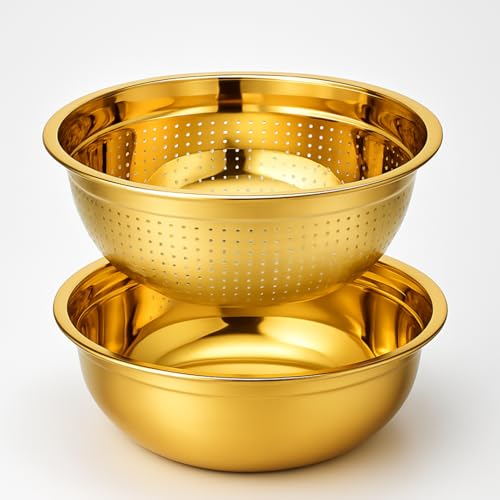 Alark Stainless Steel Kitchen Drain Bowl Fine Mesh Strainer Utensil Round Mixing Colander and Microporous Colanders with Washing Vegetables Fruit, Rice Drainer Basket for Draining Cooked Pasta Golden - Image 1
