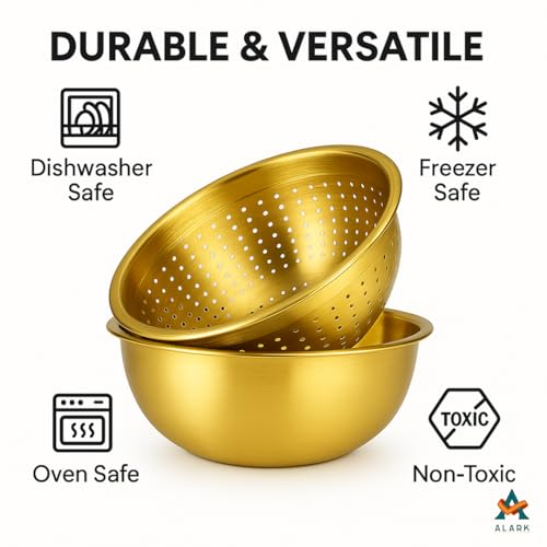 Alark Stainless Steel Kitchen Drain Bowl Fine Mesh Strainer Utensil Round Mixing Colander and Microporous Colanders with Washing Vegetables Fruit, Rice Drainer Basket for Draining Cooked Pasta Golden - Image 3