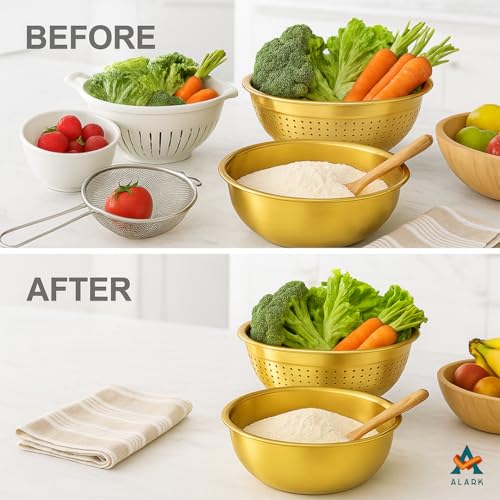Alark Stainless Steel Kitchen Drain Bowl Fine Mesh Strainer Utensil Round Mixing Colander and Microporous Colanders with Washing Vegetables Fruit, Rice Drainer Basket for Draining Cooked Pasta Golden - Image 5