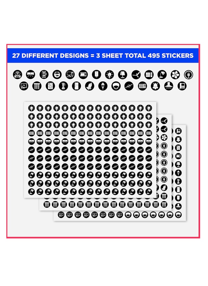 Accessorize Kingdom - Switch Board Stickers Black and White | Switch Id Sticker Vinyl Labels 3-A4 Sheets for Electric Board Appliances Including 27 Designs in Total 495 Stickers for Switches, Self Adhesive - Image 1