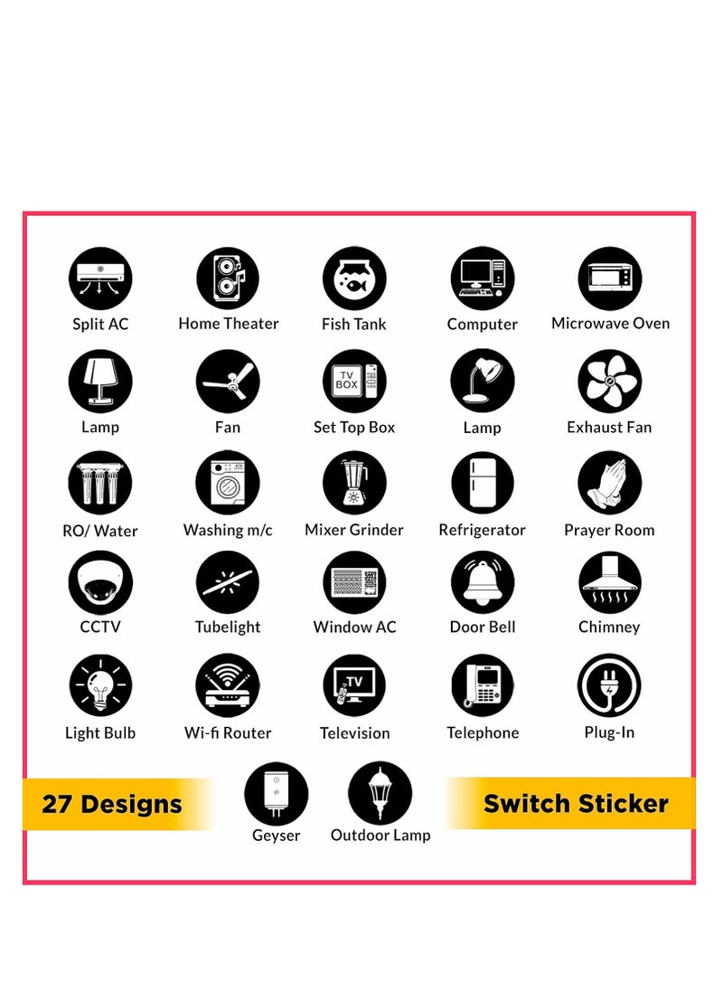 Accessorize Kingdom - Switch Board Stickers Black and White | Switch Id Sticker Vinyl Labels 3-A4 Sheets for Electric Board Appliances Including 27 Designs in Total 495 Stickers for Switches, Self Adhesive - Image 1
