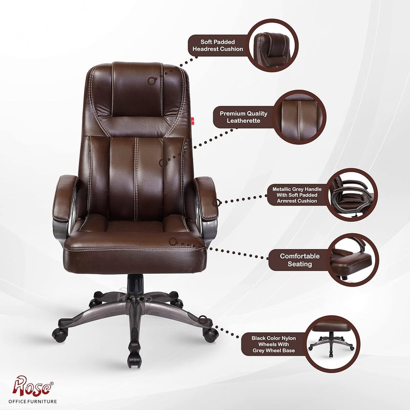 Rose ROSE 297 Executive High Back Office Chair  3Years Warranty Included  Premium Faux Leather  Heavy Duty Metal Base Brown  - Image 3