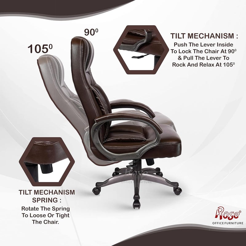 Rose ROSE 297 Executive High Back Office Chair  3Years Warranty Included  Premium Faux Leather  Heavy Duty Metal Base Brown  - Image 4