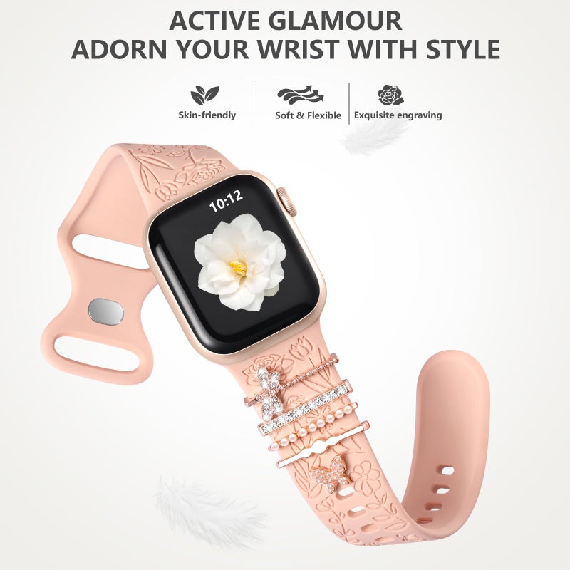 DaQin Flower Engraved Band Compatible with Apple Watch Bands for Women 40mm 38mm 41mm 42mm, Soft Silicone Strap With Dressy Decorative Apple Watch Charms for iWatch Series 11 10 9 8 7 6 5 4 3 2 1 SE - Image 5