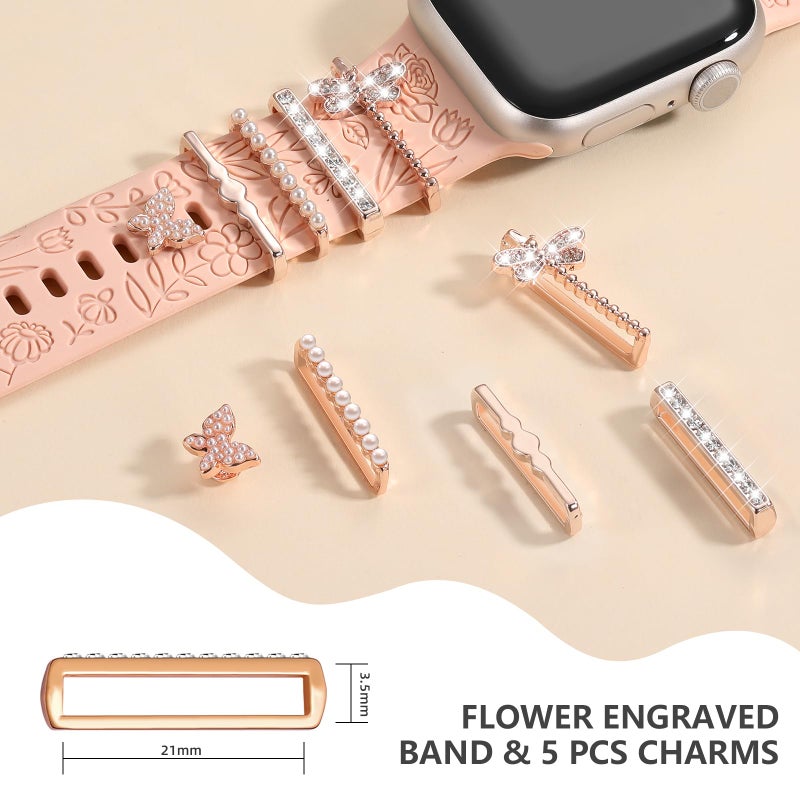 DaQin Flower Engraved Band Compatible with Apple Watch Bands for Women 40mm 38mm 41mm 42mm, Soft Silicone Strap With Dressy Decorative Apple Watch Charms for iWatch Series 11 10 9 8 7 6 5 4 3 2 1 SE - Image 4