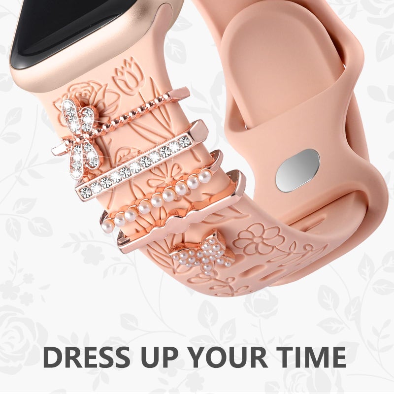 DaQin Flower Engraved Band Compatible with Apple Watch Bands for Women 40mm 38mm 41mm 42mm, Soft Silicone Strap With Dressy Decorative Apple Watch Charms for iWatch Series 11 10 9 8 7 6 5 4 3 2 1 SE - Image 3