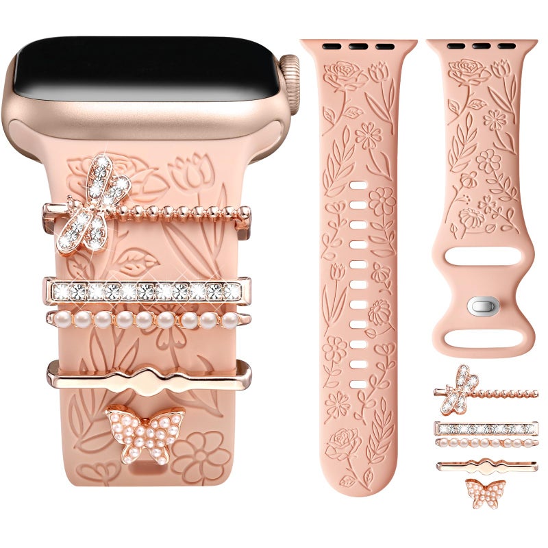DaQin Flower Engraved Band Compatible with Apple Watch Bands for Women 40mm 38mm 41mm 42mm, Soft Silicone Strap With Dressy Decorative Apple Watch Charms for iWatch Series 11 10 9 8 7 6 5 4 3 2 1 SE - Image 1
