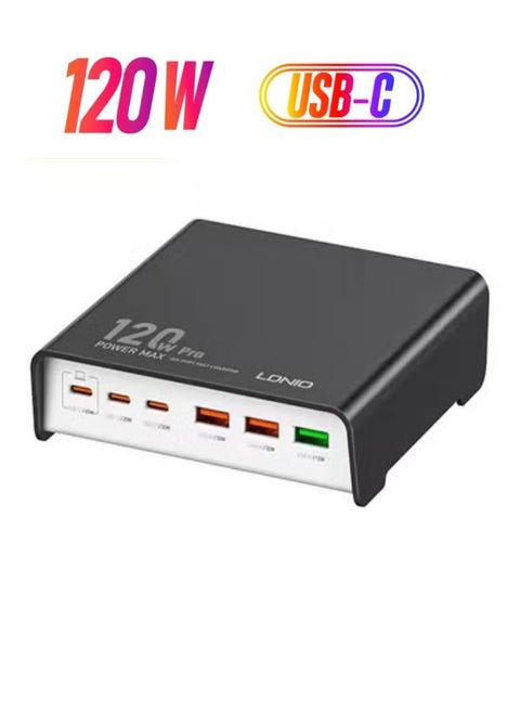 120w Desktop Charging USB hub 3 Port USB C 3 Port USB A Charging Station Fast Desktop Charging For iPhone Tablet Macbook Laptop Black