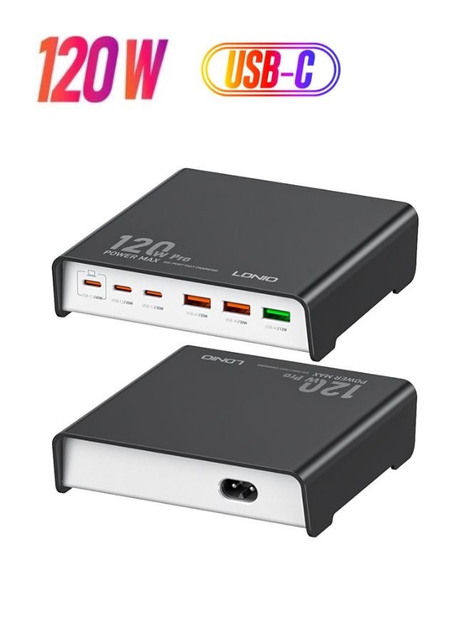 LDNIO 120w Desktop Charging USB hub 3 Port USB C 3 Port USB A Charging Station Fast Desktop Charging For iPhone Tablet Macbook Laptop Black - Image 1