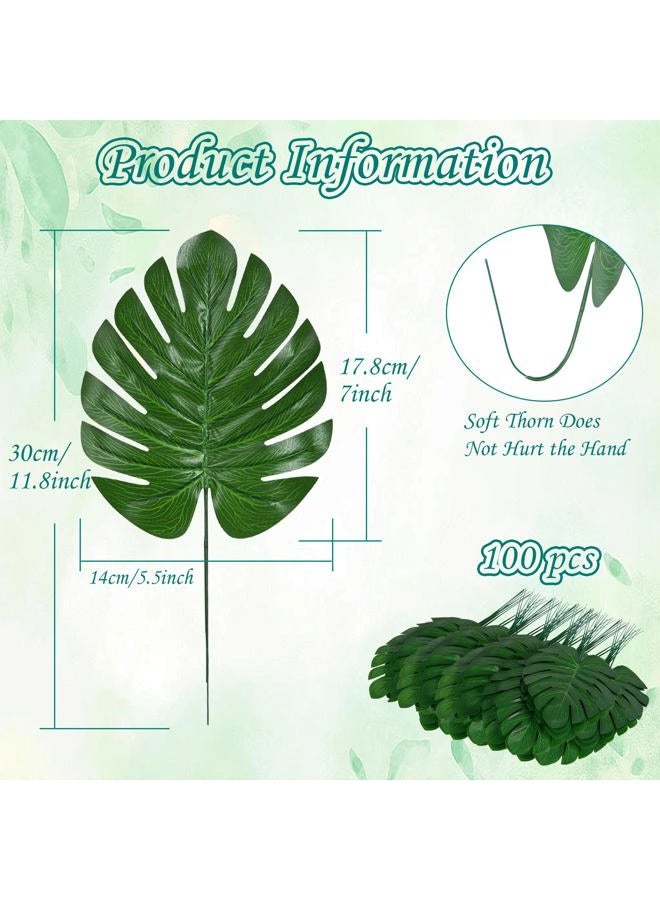 XONOR Artificial Monstera Leaves Fake Tropical Leaves, Faux Palm Leaves for Jungle Hawaiian Dinosaur Luau Party Table Decoration Wedding Birthday Theme Party (100Pcs, Monstera) - Image 2