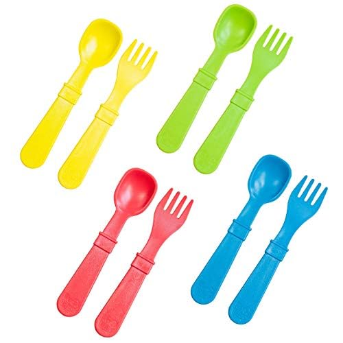 REPLAY Made in USA 8pk Toddler Feeding Utensils Spoon and Fork Set  Eco Friendly Recycled Milk Jugs  Virtually Indestructible  Red Yellow Lime Green Sky Blue Preschool