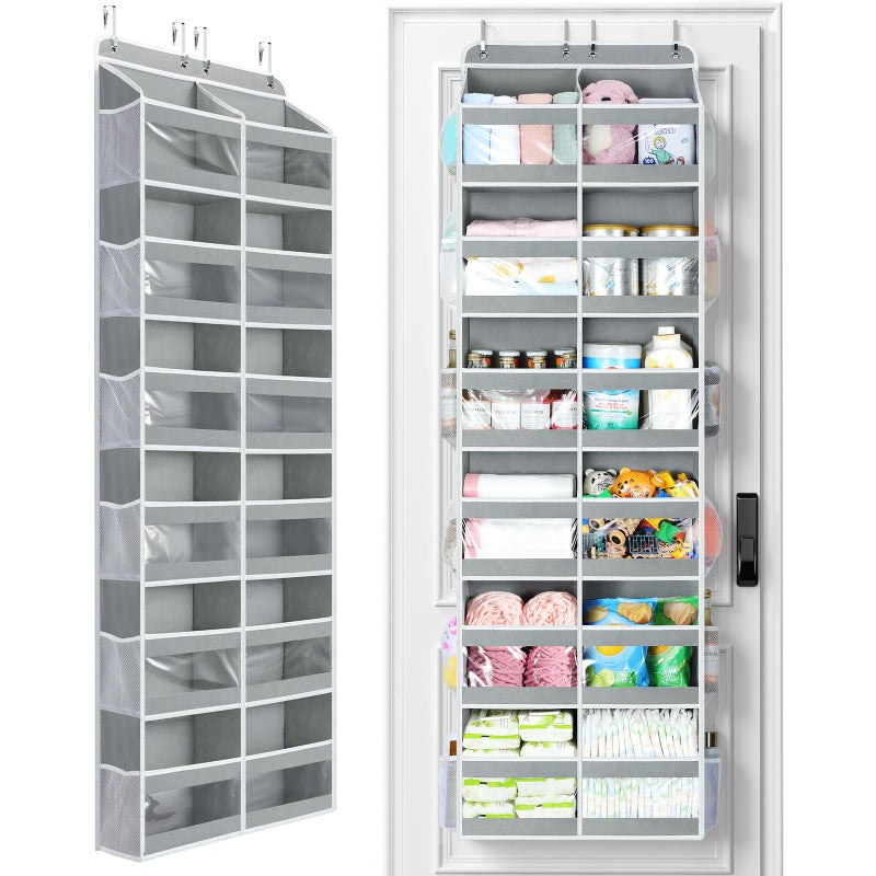 Yecaye 6-Tier Over The Door Organizer Dual-Column of 12 Compartments, College Dorm Essentials with Clear PVC Windows, Heavy Duty Door Organizer Hanging for Bedroom Bathroom Pantry Nursery, Grey 1 Pack - Image 1
