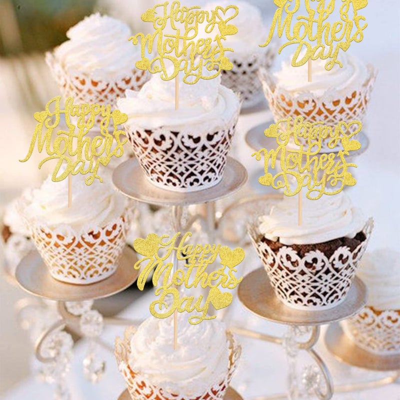 Rsstarxi 30 Pack Gold Glitter Happy Mother's Day Cupcake Toppers Sweet Heart Best Mom Ever Love Mother Cupcake Picks Happy Mother's Day Birthday Party Cake Decortions Supplies - Image 3