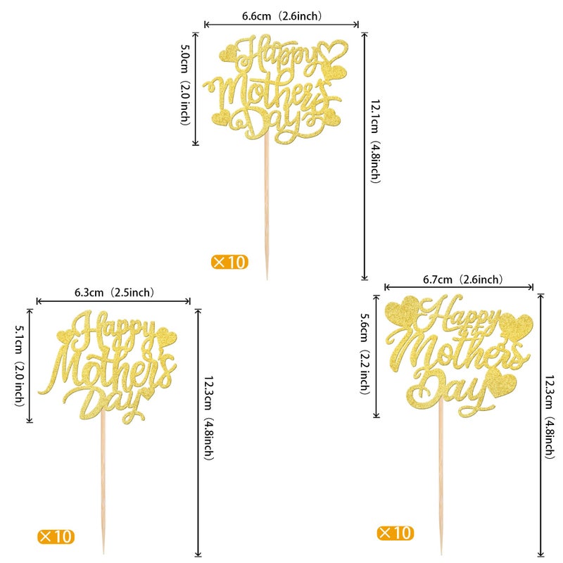Rsstarxi 30 Pack Gold Glitter Happy Mother's Day Cupcake Toppers Sweet Heart Best Mom Ever Love Mother Cupcake Picks Happy Mother's Day Birthday Party Cake Decortions Supplies - Image 2