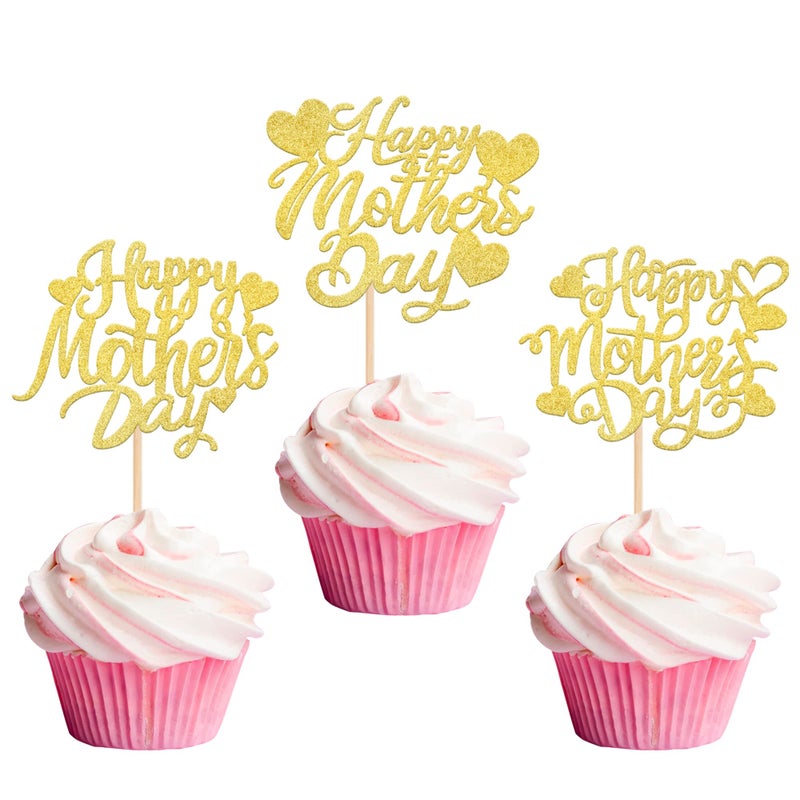 Rsstarxi 30 Pack Gold Glitter Happy Mother's Day Cupcake Toppers Sweet Heart Best Mom Ever Love Mother Cupcake Picks Happy Mother's Day Birthday Party Cake Decortions Supplies - Image 1