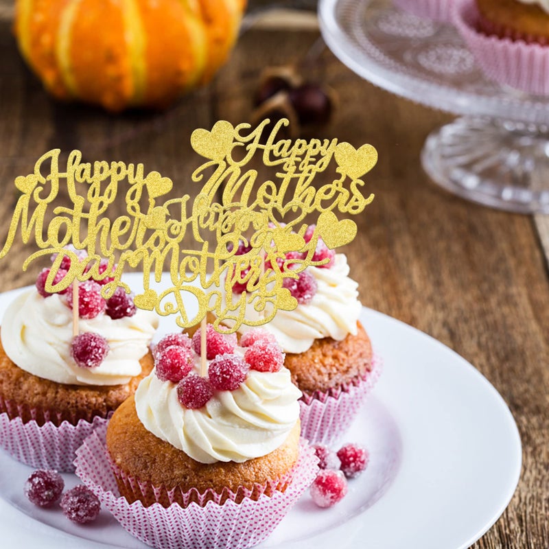 Rsstarxi 30 Pack Gold Glitter Happy Mother's Day Cupcake Toppers Sweet Heart Best Mom Ever Love Mother Cupcake Picks Happy Mother's Day Birthday Party Cake Decortions Supplies - Image 5