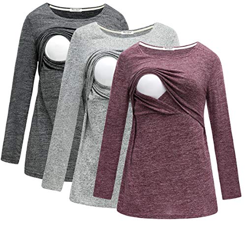 Bearsland Women's Maternity Clothes Long Sleeves Breastfeeding Shirts and Nursing Top,blackgrayred,M - Image 1