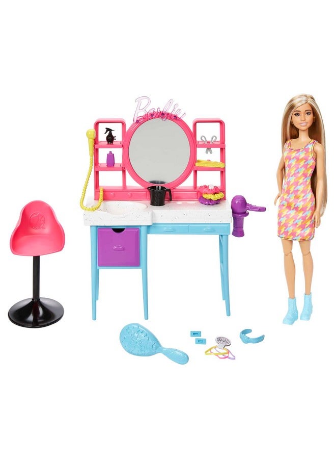 Barbie Doll And Hair Salon Playset With 15 Styling Accessories And Furniture Long Colorchange Hair And Printed Dress  - Image 2