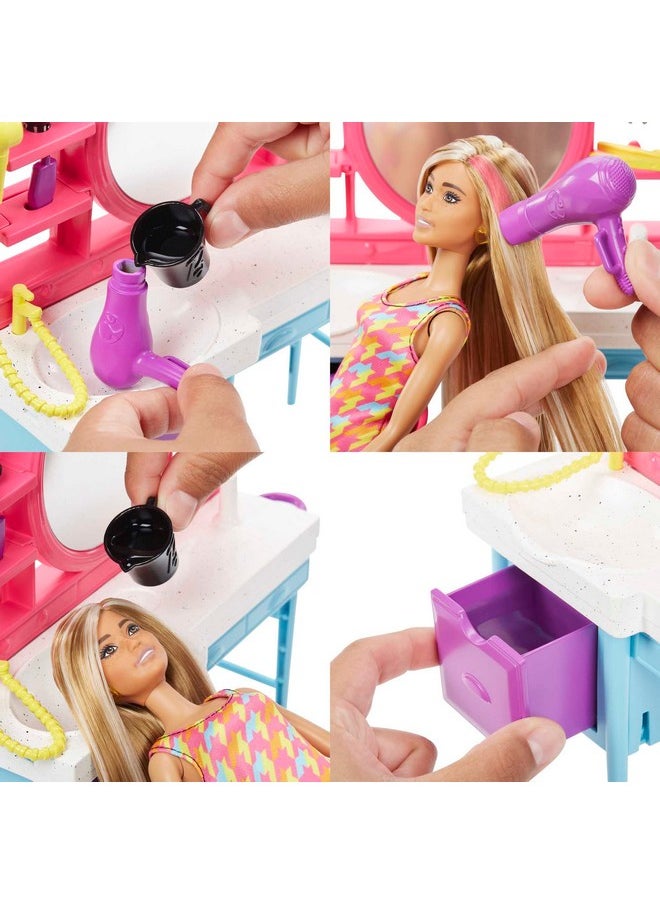 Barbie Doll And Hair Salon Playset With 15 Styling Accessories And Furniture Long Colorchange Hair And Printed Dress  - Image 5