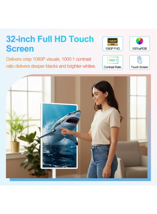 ڤي إل إتش تلفزيون VLH الذكي المحمول بعجلات، تلفزيون لاسلكي متحرك 32 بوصة بدقة FHD 1080P، تلفزيون ذكي محمول مزود بتقنية واي فاي، شاشة لمس محمولة، كاميرا مدمجة تعمل ببطارية 38400 مللي أمبير، تلفزيونات بشاشة لمس. - Image 2