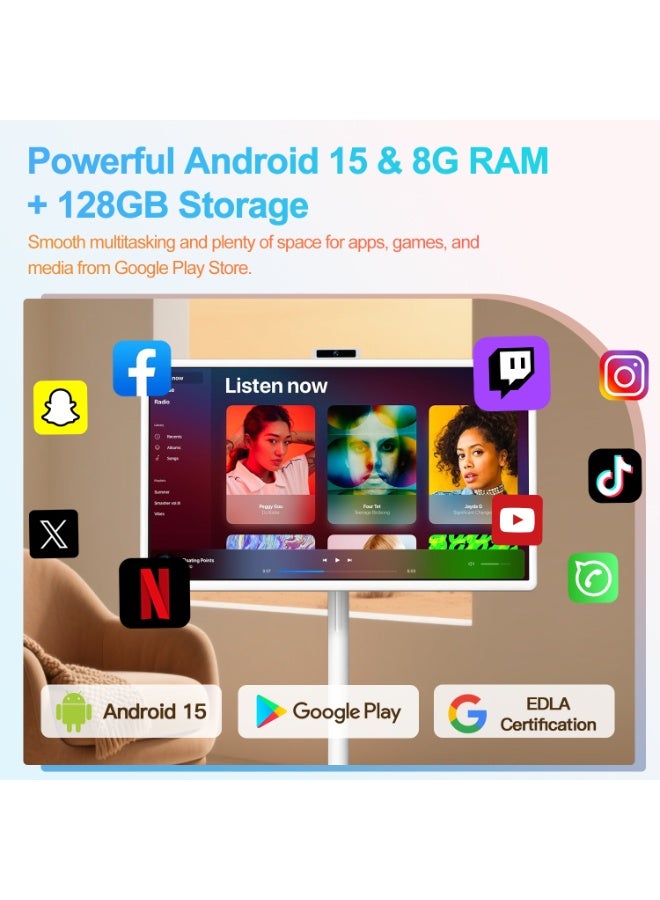 ڤي إل إتش تلفزيون VLH الذكي المحمول بعجلات، تلفزيون لاسلكي متحرك 32 بوصة بدقة FHD 1080P، تلفزيون ذكي محمول مزود بتقنية واي فاي، شاشة لمس محمولة، كاميرا مدمجة تعمل ببطارية 38400 مللي أمبير، تلفزيونات بشاشة لمس. - Image 3