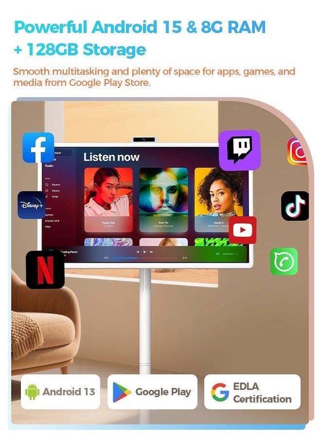 VLH Smart Portable TV On Wheels, Cordless Rolling TV 32″ FHD 1080P Portable Smart tv with WiFi, Mobile Tablet Touch Screen Portable Monitor Built-in 38400mAh Battery Operated Camera, Touchscreen TVs - Image 3