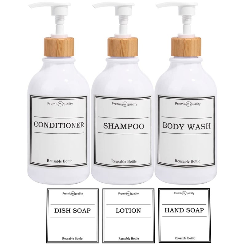 Basedidea Shampoo and Conditioner DispenserSet of 316 oz Reusable Pump Bottle Dispenser for Bathroom with 6 Waterproof Stickers  Empty Plastic Refillable Containers for Shower 