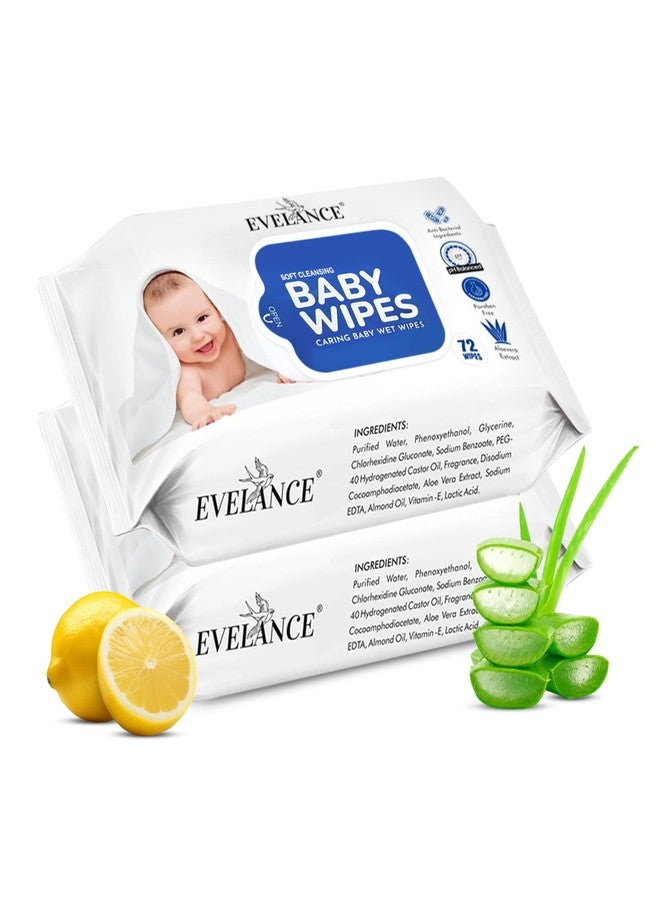 EVELANCE Soft Cleansing Baby Wet Wipes (Pack of 2) 72 Wipes Each, Daily Use Wipe Enriched with Aloe vera & Lemon Extracts with 98% Water, For New Born Babies and Kids - Image 1