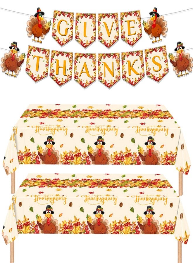 Qpout Thanksgiving Tablecloth Set with Banner, 2 Turkey Pattern Disposable Plastic Table Covers and 1 Happy Thanksgiving Banner for Fall Decor, 54x108 Inch - Image 1