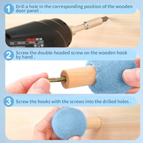 Memorywuu 6 Pcs Wool Round Wall Hook Kids Wall Coat Hooks Kids Coat Rack Wall Mount Wool Wooden Coat Hooks Hat Rack for Home Living Room Nursery Minimalist Wall Decor (Pastel Color) - Image 3