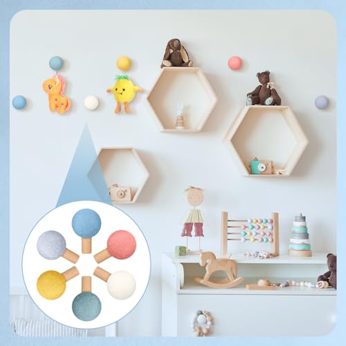 Memorywuu 6 Pcs Wool Round Wall Hook Kids Wall Coat Hooks Kids Coat Rack Wall Mount Wool Wooden Coat Hooks Hat Rack for Home Living Room Nursery Minimalist Wall Decor (Pastel Color) - Image 4