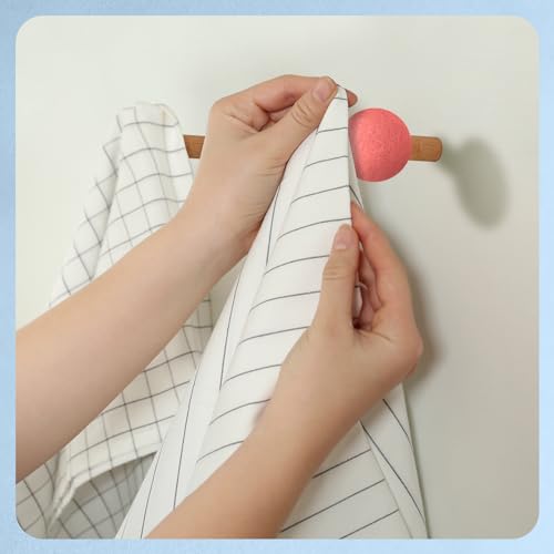 Memorywuu 6 Pcs Wool Round Wall Hook Kids Wall Coat Hooks Kids Coat Rack Wall Mount Wool Wooden Coat Hooks Hat Rack for Home Living Room Nursery Minimalist Wall Decor (Pastel Color) - Image 5