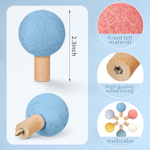 Memorywuu 6 Pcs Wool Round Wall Hook Kids Wall Coat Hooks Kids Coat Rack Wall Mount Wool Wooden Coat Hooks Hat Rack for Home Living Room Nursery Minimalist Wall Decor (Pastel Color) - Image 2