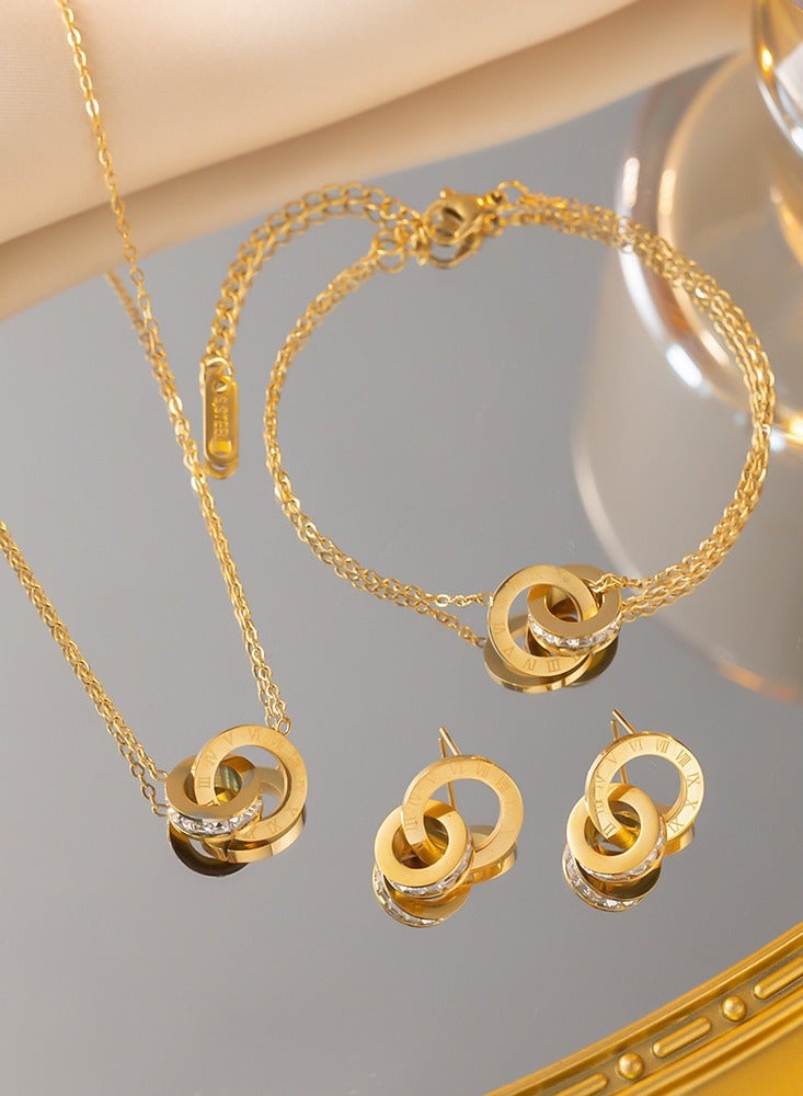 Waterproof 18K Gold-Plated Roman Numeral Bracelet, Necklace & Earring Set - Image 1