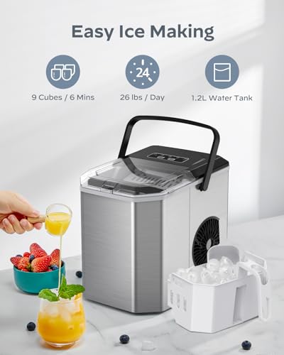 Silonn Ice Maker Countertop, Stainless Steel Portable Ice Machine with Carry Handle, Self-Cleaning Ice Makers with Basket and Scoop, 9 Cubes in 6 Mins, 26 lbs per Day - Image 2