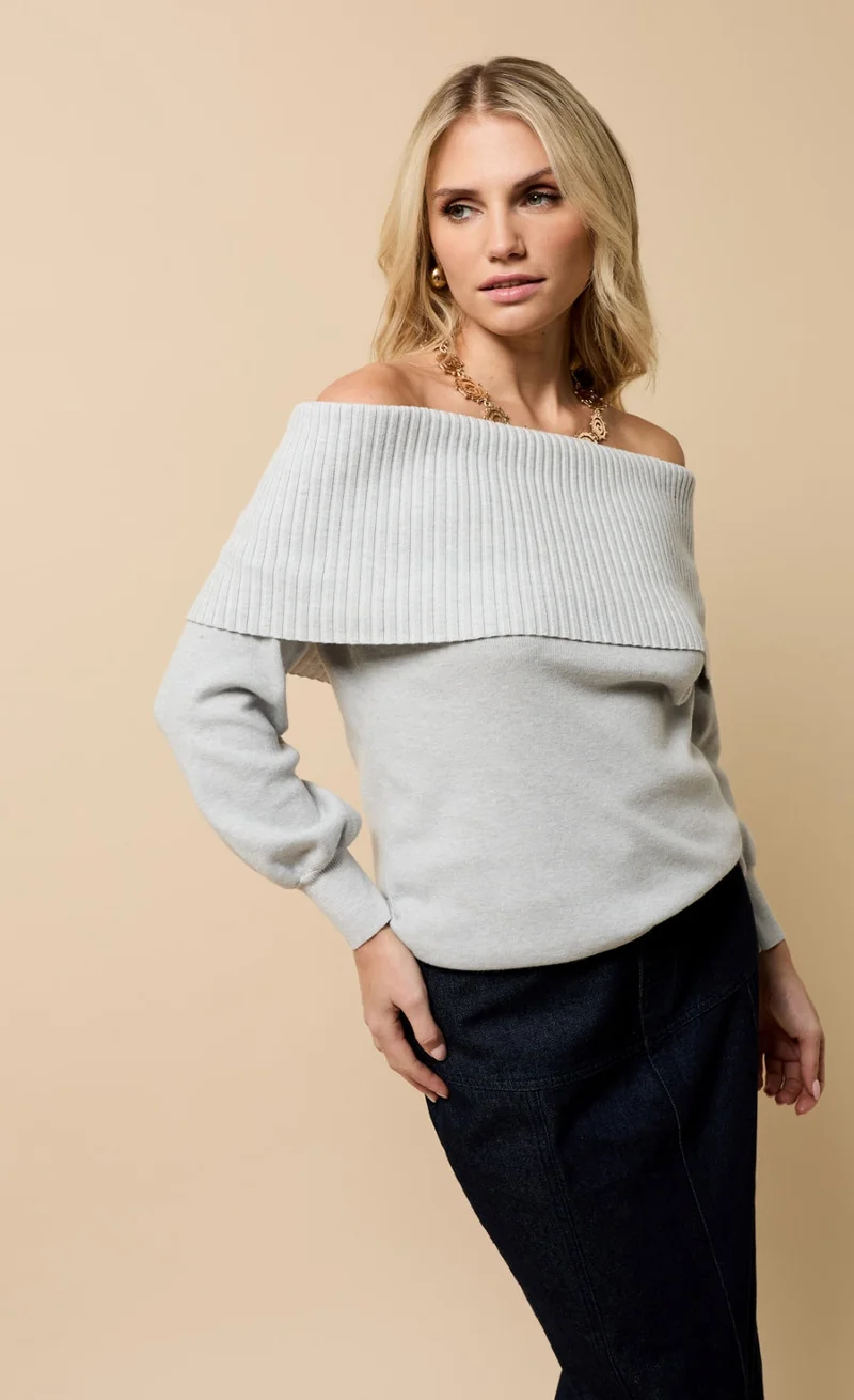 Grey Knitted Bardot Jumper