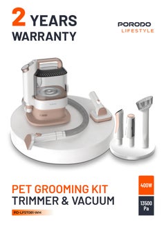 porodo Pet Grooming 13500Pa 400W Vacuum Cleaner / Versatile Grooming Kit / Convenient Storage / 2-in-1 Crevice Tool / Clipping Combs / Cleaning Brush / Hose Holder / Grooming Brush / Electric Clipper / Pet Hair Remover - White  - Image 1