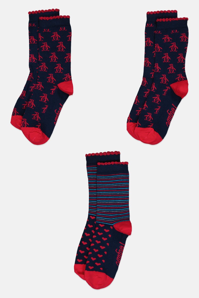 Original Penguin Kids Girl 3 Pairs Printed Crew Socks, Multicolor - Image 3