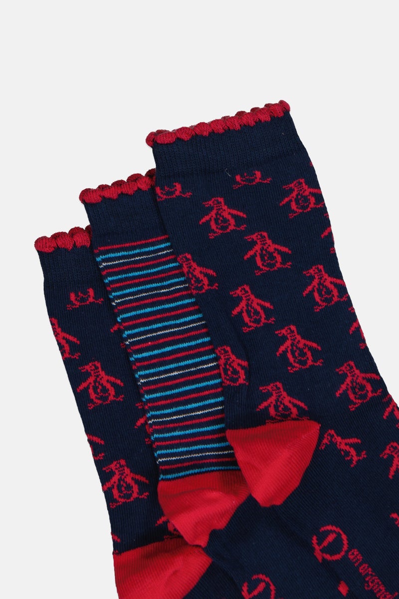 Original Penguin Kids Girl 3 Pairs Printed Crew Socks, Multicolor - Image 2