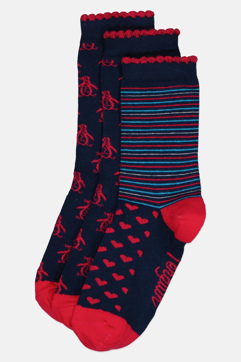 Original Penguin Kids Girl 3 Pairs Printed Crew Socks, Multicolor - Image 1