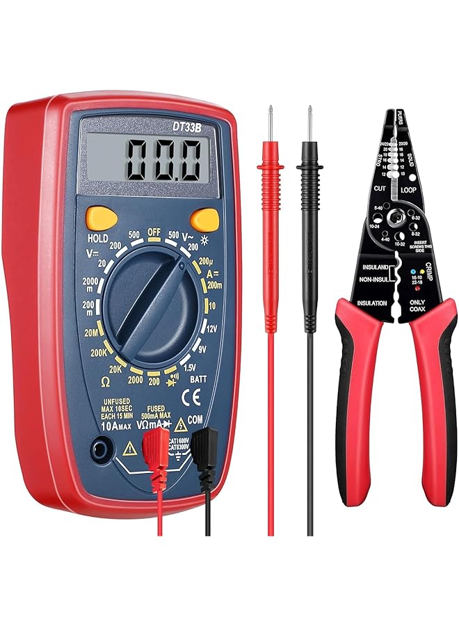 PROMASS 8 Inch Multimeter Tester and Wire Stripper Combo, 2000 Counts Digital Multimeter with DC/AC Current Voltage Resistance Capacitance Continuity Meter, Wire Stripping Tool Wire Cutter Wire Crimper  - Image 1