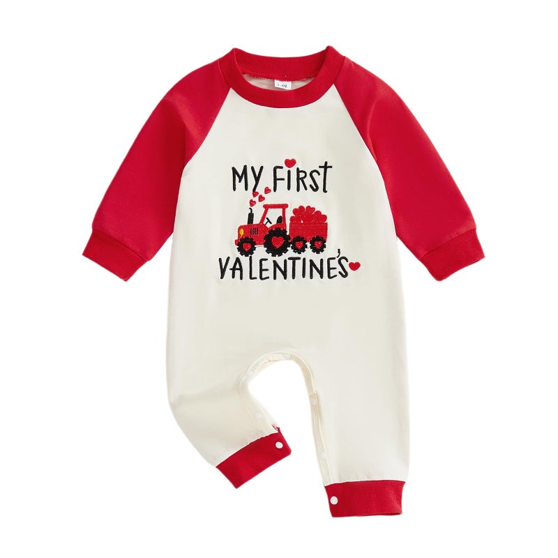 BeQeuewll Newborn Girl Boy Valentines Outfit Infant Sweatshirt Jumpsuit Heart Rompers Baby First Valentines Outfit 0-18M (First Valentines, 6-12 Months) - Image 1