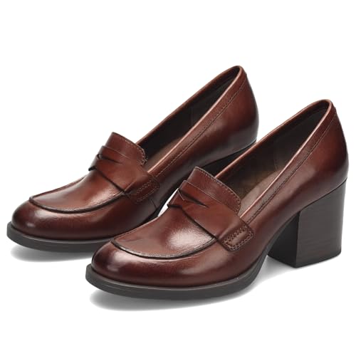 SHODENSE Women Tan Chunky Heel Platform Loafers Pumps Round Toe Burnished Matte Leather Brown Slip On Oxford Loafer Shoes Stacked Block Heels Penny Loafers Office Formal Work Business Matte Dark Tan 6 - Image 1