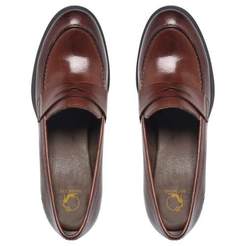 SHODENSE Women Tan Chunky Heel Platform Loafers Pumps Round Toe Burnished Matte Leather Brown Slip On Oxford Loafer Shoes Stacked Block Heels Penny Loafers Office Formal Work Business Matte Dark Tan 6 - Image 3