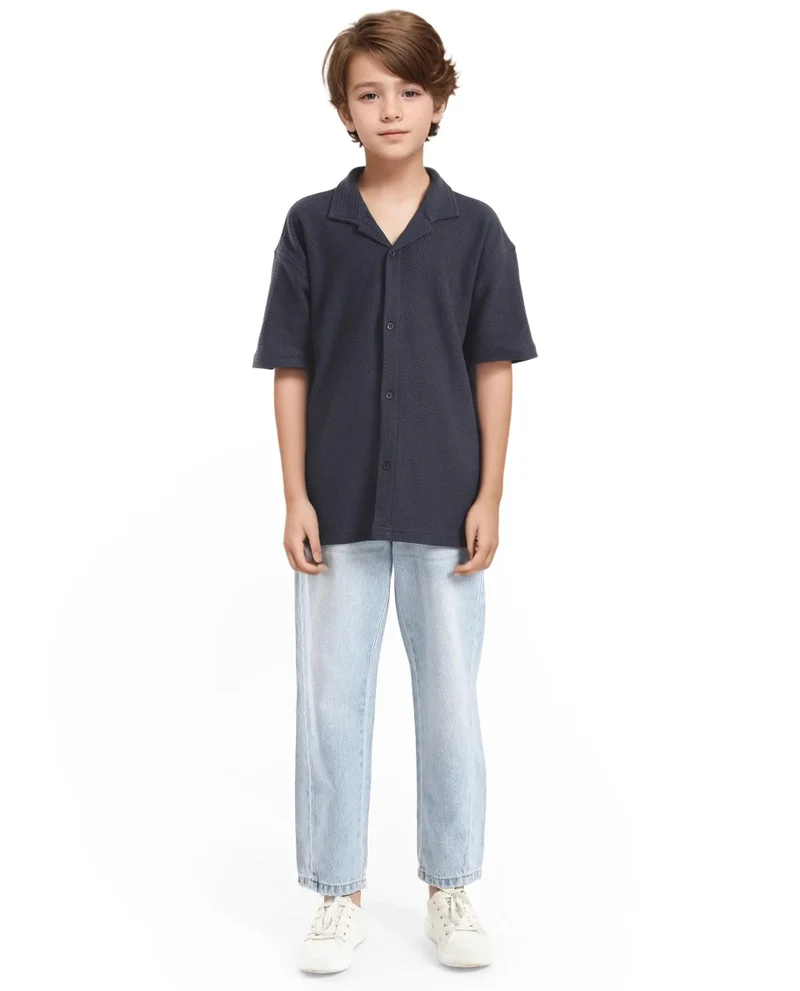 رير ونز Rare Ones Kids Colen Navy Jacquard Half Sleeves Cuban Collar Boxy Fit Shirt